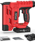 Cordless 18 Gauge Brad Nailer And Electric Stapler Kit With 20V Battery Charger side view, includes battery and nails for DIY projects.