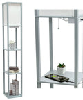 Gray Etagere Floor Lamp With 3 Shelves, 2 USB Ports, 1 Charging Outlet, Linen Shade, Soft Warm Glow, Pull Chain On Off