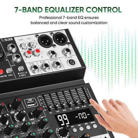 Hand adjusting 7-band EQ on Eight Channel Audio Mixer Console For Pro Sound With 99 DSP Effects Seven Band EQ USB And Bluetooth.