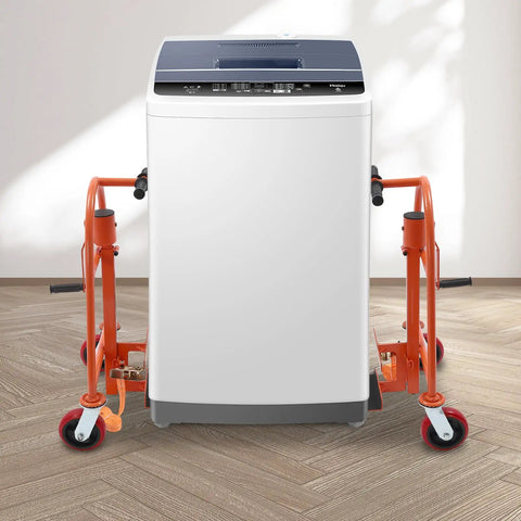 Rock Solid Furniture Moving Kit With 1300 Lb Rating Steel Slider Pads supporting a washing machine on hardwood floors.