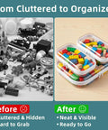 Before and after organizing with Clear Hard Shell Zipper Cases Set Of Three 2 Small And 1 Medium Durable PET Plastic Pencil Case And Diaper Bag Organizer For Storage Travel And Spill Protection See Through Pouches. Left shows cluttered toys, right shows organized toys in stacked cases.