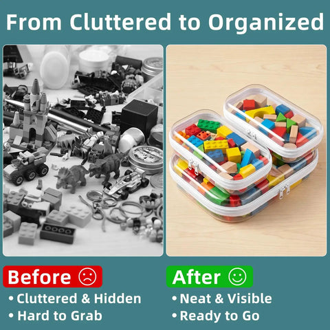 Before and after organizing with Clear Hard Shell Zipper Cases Set Of Three 2 Small And 1 Medium Durable PET Plastic Pencil Case And Diaper Bag Organizer For Storage Travel And Spill Protection See Through Pouches. Left shows cluttered toys, right shows organized toys in stacked cases.
