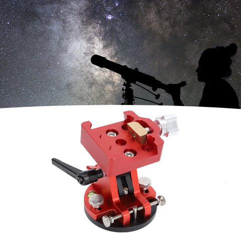 Red Beefy Latitude Adjustment Telescope Mount with aluminum alloy equatorial wedge, silhouetted astronomer, Milky Way in background.