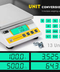 Digital Precision Lab Scale Ten Kilogram 0.1 Gram With 13 Unit Conversions for Quick Weighing and Counting on a Tabletop Electronic Balance