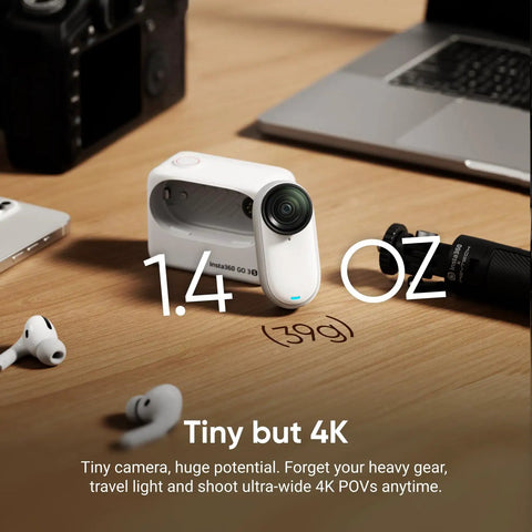 Tiny 4K Vlogging Cam With 128 GB White, Hands Free POV on desk with tech accessories, 1.4 oz lightweight design