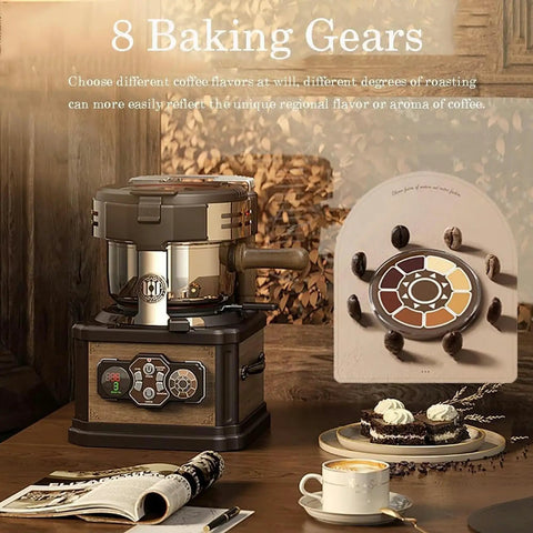 Top Tier Home Coffee Bean Roaster Featuring Silent Quick Heat Modes with 8 baking gears on a wooden counter.