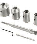 Front view of tungsten carbide core drill bit set with SDS adapter; 4-piece kit with arbor and hex key (Amazon Tools)