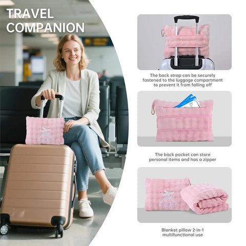 Two In One Travel Blanket And Pillow Ultra Soft And Compact For Airplane Travel With Luggage Strap And Clip Pink 61 By 43 Inches Packable Cozy Fabric Ideal For Long Flights And Weekend Getaways Must Have Travel Accessory For Any Trip shown attached to luggage