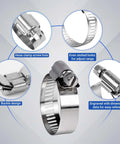 Front view of SMLCON 85-piece 304 stainless hose clamps set; adjustable 6–51 mm worm-gear clamps with 2 socket wrenches