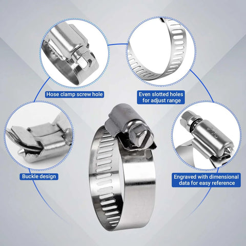 Front view of SMLCON 85-piece 304 stainless hose clamps set; adjustable 6–51 mm worm-gear clamps with 2 socket wrenches