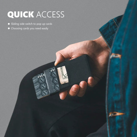 Slim Minimalist RFID Blocking Wallet With ID Window And Pop Up Card Holder, featuring quick access to cards and cash.