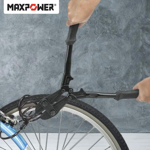 14-Inch Heavy Duty Bolt Cutter with Hardened Chrome Molybdenum Steel Blades cutting a bike lock, ergonomic rubber handles visible