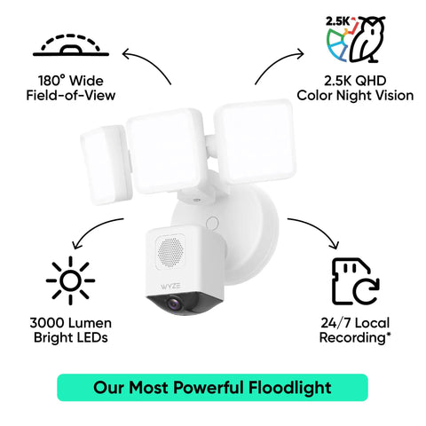 Floodlight Security Camera Pro with 2.5K HD color night vision, 180° view, 3000 lumen LEDs, outdoor weatherproof surveillance