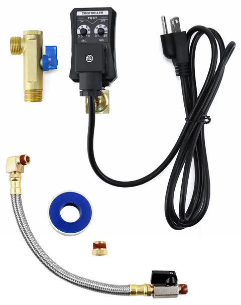 Automatic Timed Condensate Drain Valve Programmable Electric Air Drain for Compressor Tanks, includes hose, elbow, and sealing tape.