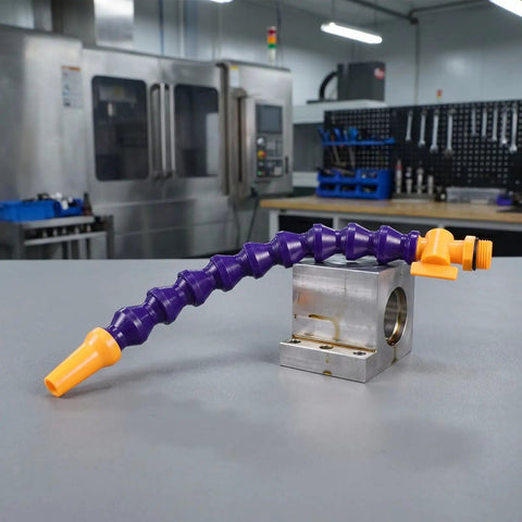Flexible Coolant Hose With Adjustable Switch And Half Inch Threaded Round Nozzle, positioned on a metal block in a workshop.