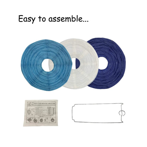 24 Piece Assorted Paper Lantern Set In Navy Blue Sky Blue And Ivory White Sizes 6 8 10 And 12 Inches For Home Decor Weddings And Parties Reusable Easy To Assemble LED Ready For Inside Lighting LED Light Not Included, showing easy assembly with blue, white colors, and instructions.