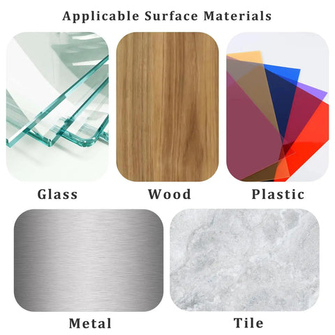 Applicable surfaces for Clear Tablecloth Clips Pack Of 100 With Heavy Duty Adhesive: glass, wood, plastic, metal, tile.