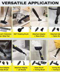 Heavy Duty Steam Cleaner With 52 Oz Large Tank And Incredible High Pressure Capability includes various versatile attachments for cleaning.