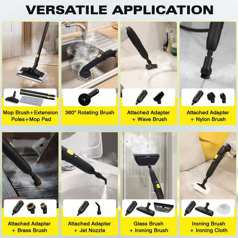 Heavy Duty Steam Cleaner With 52 Oz Large Tank And Incredible High Pressure Capability includes various versatile attachments for cleaning.