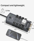 Surge Protector Power Strip With Eight Rotating Outlets And Four Standard Sockets, Eight-Foot Extension Cord, Flat Pivot Plug, showing its compact design and dimensions of 10 x 4.75 x 1.9 inches, ideal for home office travel desktop and charging gear setup.