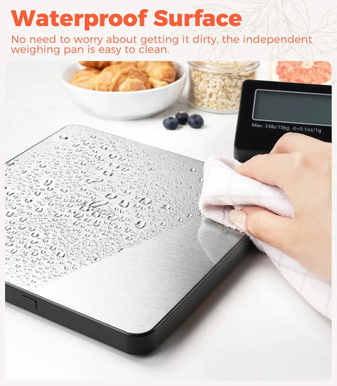 Wireless Kitchen Scale Detachable Display Pro Grade Large Platform 33Lb 15Kg Precise 0.1oz 1g 9 Units Counting Function Stainless Steel For Cooking Baking Shipping Silver with waterproof surface being wiped clean with a cloth.