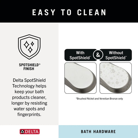 Easy to clean feature of Arvo 4 Piece Bathroom Hardware Set with SpotShield finish comparison in brushed nickel.
