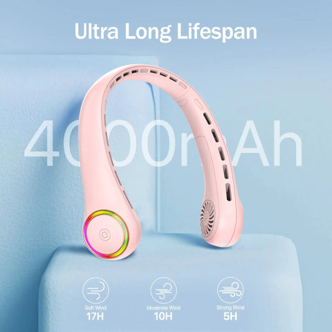 Portable Neck Fan With 4000mAh Battery Rechargeable Personal Cooler With 3 Speed Settings And 64 LED Lights Hands Free Summer Breeze Pink