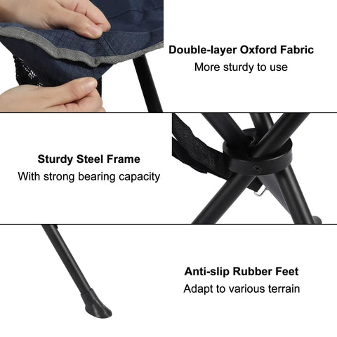 Close-up of Two Pack Folding Camping Stools For Adults Heavy Duty Lightweight Portable with double-layer Oxford fabric and sturdy steel frame.