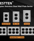 5 Pack Duplex Metal Wall Plates With Protective Film, 1 Gang Standard Size, Built To Last, Corrosion Resistant Stainless Steel Outlet And Switch Covers, Industrial Grade Brushed Silver Finish series display.