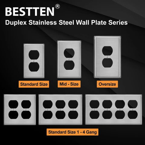 5 Pack Duplex Metal Wall Plates With Protective Film, 1 Gang Standard Size, Built To Last, Corrosion Resistant Stainless Steel Outlet And Switch Covers, Industrial Grade Brushed Silver Finish series display.