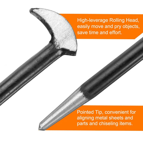 Rolling Head Pry Bar 12 Inch Heavy Duty Carbon Steel Leverage Tool with pointed tip and curved head for aligning and prying