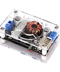 Buck Boost Voltage Regulator Module With USB Port And LCD Display Converts 6 To 30V DC In To 0.5 To 30V DC Out Adjustable 5V 12V 24V 4A Max 60W Power Supply DIY Friendly Step Up Down Board For Projects, clear acrylic case, visible coil and components