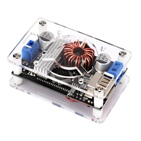 Buck Boost Voltage Regulator Module With USB Port And LCD Display Converts 6 To 30V DC In To 0.5 To 30V DC Out Adjustable 5V 12V 24V 4A Max 60W Power Supply DIY Friendly Step Up Down Board For Projects, clear acrylic case, visible coil and components