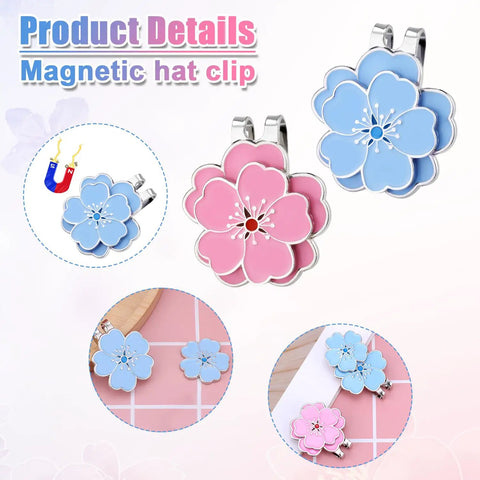 Magnetic Golf Ball Marker With Hat Clip Set Two Piece Flower Shape Markers And Clips For Women Men, blue and pink