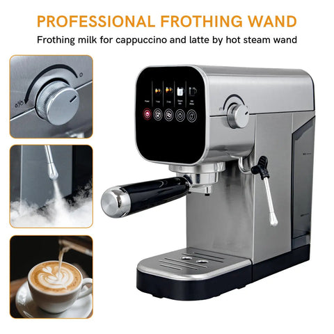 Compact Touchscreen Espresso Machine With Integrated Steam Milk Frother And Programmable Cup Sizing For Barista Style Lattes And Smooth Americanos Brewing Straight Up Amazing Coffee Daily with frothing wand and sleek design.