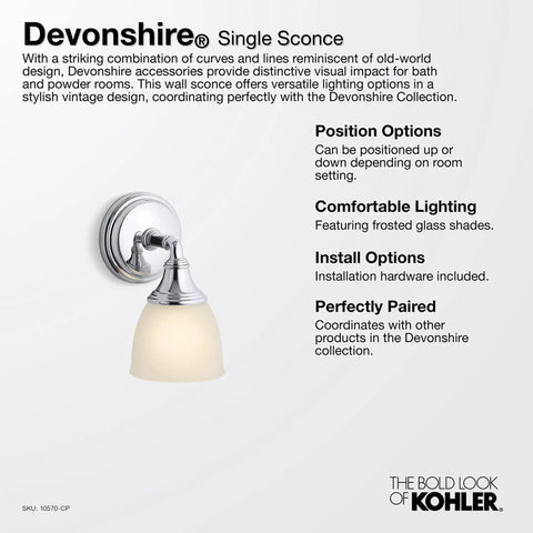 Devonshire Style Wall Sconce Bath Vanity Light With Frosted Glass Shade, Brushed Nickel Finish, Up Or Down Mount, UL Listed