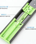 Close-up of a green hydraulic damping mechanism on the Beefy 12 Inch Drawer Buffer Slide Rail With Hydraulic Damping 45 Drawer Three Section Wardrobe Cabinet Door Track Set Of 2 In Black And Gray Cushioned For Smooth Soft Close