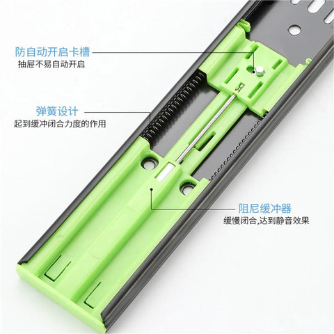 Close-up of a green hydraulic damping mechanism on the Beefy 12 Inch Drawer Buffer Slide Rail With Hydraulic Damping 45 Drawer Three Section Wardrobe Cabinet Door Track Set Of 2 In Black And Gray Cushioned For Smooth Soft Close