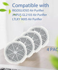 Easy Swap HEPA Replacement Filter 2 In 1 With Activated Carbon For Frida Baby 3 In 1 Rigoglioso Jinpus GL2103 And LTLKY 900S True HEPA Plus Activated Carbon Filter Pack Of Four For Clean Air In Nursery showing 4-pack filters on table.