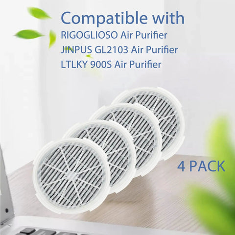 Easy Swap HEPA Replacement Filter 2 In 1 With Activated Carbon For Frida Baby 3 In 1 Rigoglioso Jinpus GL2103 And LTLKY 900S True HEPA Plus Activated Carbon Filter Pack Of Four For Clean Air In Nursery showing 4-pack filters on table.
