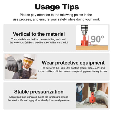 XDENGP Bi-Metal Hole Saw Kit usage tips infographic with panels on vertical material alignment PPE and steady pressure
