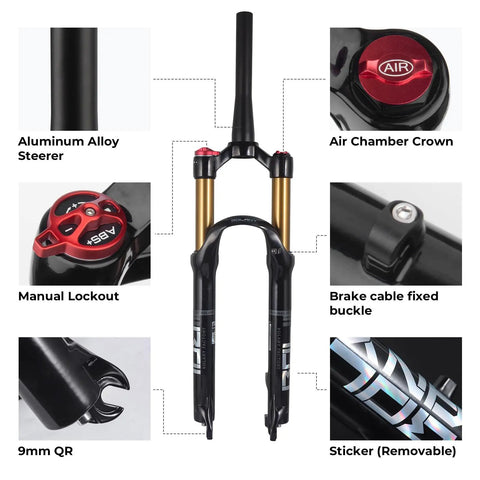 Alloy MTB Suspension Fork For 26 27.5 29 Inch Mountain Bikes With Tapered Or Straight Steerer, 100mm Travel, Manual Lockout Or Remote Lockout, 9mm X 100mm Axle, Disk Brake Compatible, Beefy Front Fork with various components.