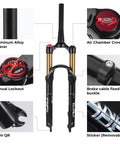 Dope Aluminum Mountain Bike Suspension Fork For 26 27.5 29 Inch Wheels 100mm Travel With Tapered Or Straight Steerer And Crown Manual Plus Remote Lockout Disk Brake Compatible featuring 9mm QR and air chamber crown.