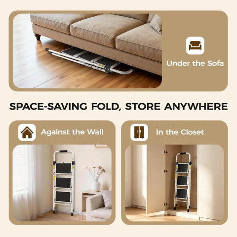 Three Step Ladder Heavy Duty Step Stool With Anti Slip Pedals And Safety Lock Folding Portable Ladder stored under sofa, against wall, in closet