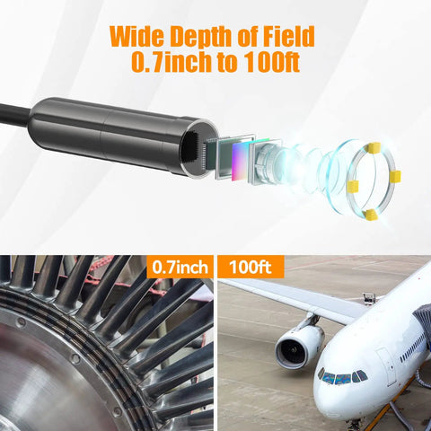 5.0MP USB Auto Focus Endoscope For Android, Windows, MacBook, HD Inspection Camera With Autofocus, Flexible Probe, USB OTG, Perfect For Pipes, Engines, Tight Corners, Plumbing, And DIY Diagnostics showing 0.7-inch wide depth of field to 100ft