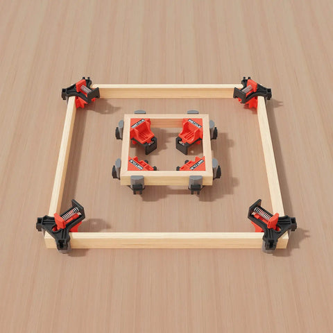 Corner Clamp for Woodworking 90 Degree Right Angle Clamp Set Four Pack displayed on wood surface