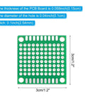 Five Pack 1.2 Inch Square Single Sided PCB Boards Green For DIY Electronics Prototyping Soldering Breadboard Projects 0.1 Inch 2.54mm Pitch FR4 Solderable Circuit Boards, single green PCB board with hole measurements and thickness details.