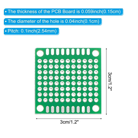 Five Pack 1.2 Inch Square Single Sided PCB Boards Green For DIY Electronics Prototyping Soldering Breadboard Projects 0.1 Inch 2.54mm Pitch FR4 Solderable Circuit Boards, single green PCB board with hole measurements and thickness details.