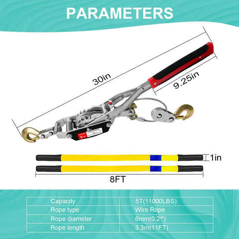5 Ton Beefed Up Come Along Winch With 11 Foot Steel Cable Three Hooks Heavy Duty Hand Winch Dual Gear System With Two 1X8 Foot Lifting Slings Automotive Hoist Cable Puller For Vehicle Rescue parameters with dimensions and specifications
