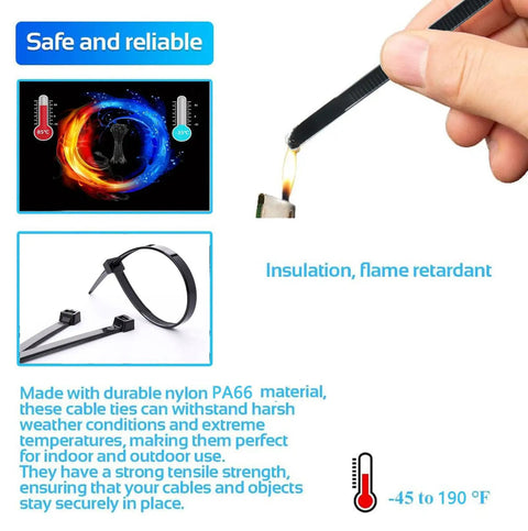 Beefy 24 Inch Cable Ties Pack Of 50 With 200 Lbs Tensile Strength, UV Resistant, flame retardant test shown.